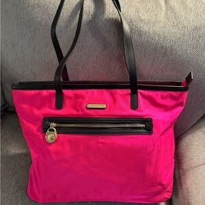 Michael Kors Hot Pink Nylon Tote with Black leather Accents